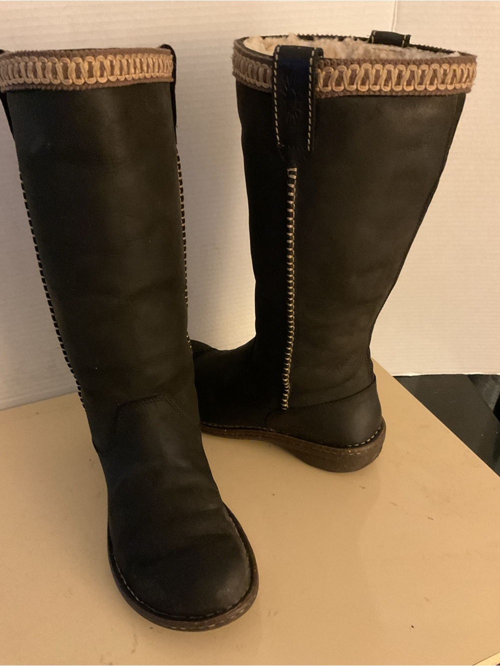 UGG women black brown leather tall Swell boots US 9